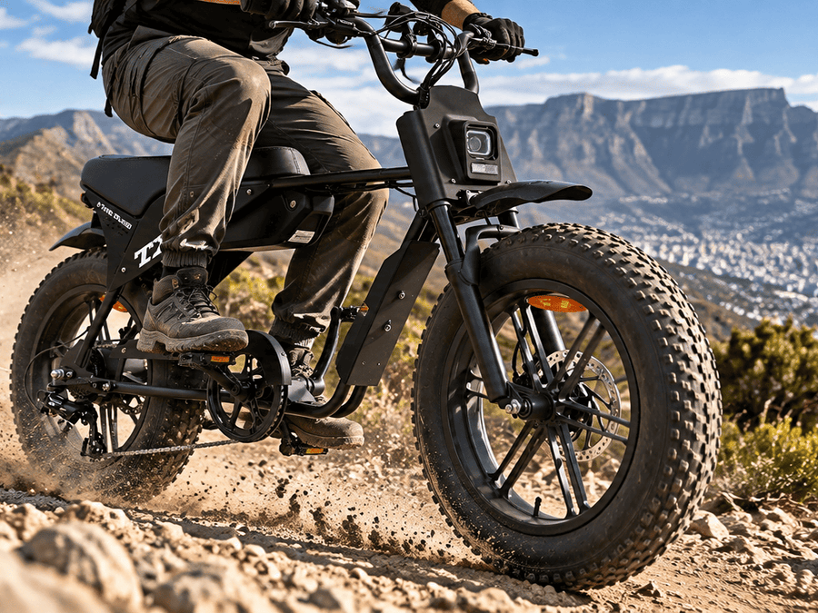 A person riding a black fat-tire electric motorcycle on a rocky dirt trail with a coastal city and mountains in the background.