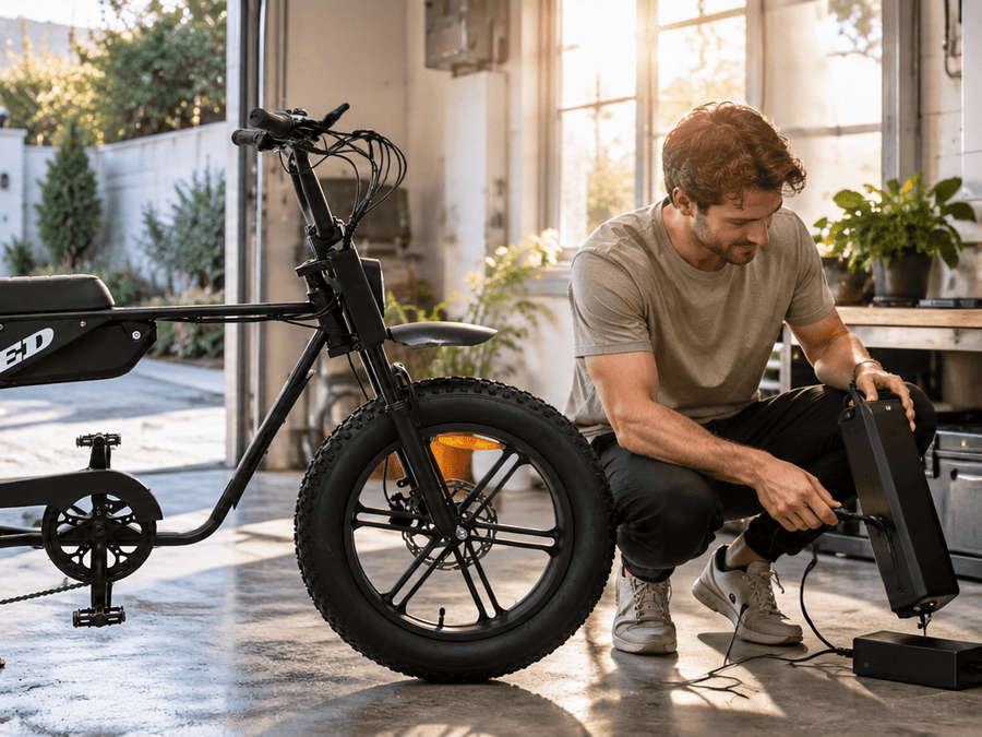 A man kneels beside a black electric bicycle in a bright garage, connecting a battery pack to a portable power station. The bike has fat tires and a sleek black frame, with a modern workshop and outdoor view in the background.